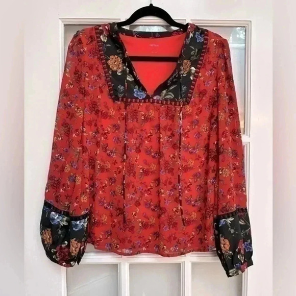 Kensie | Red & Black Floral Boho Bohemian Blouse Size Medium M - Picture 1 of 6